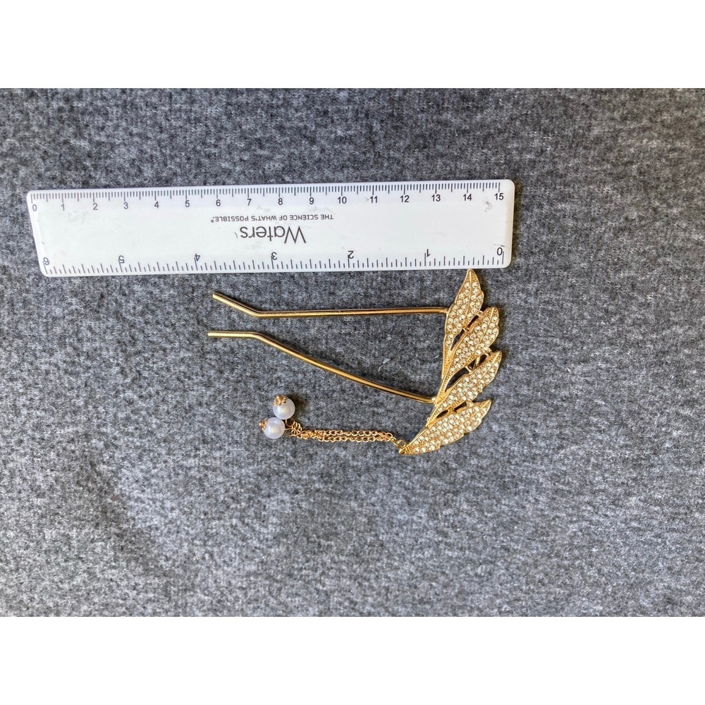 Vintage Style Leaf Hair Clip Stick Pin U-Shape Hairpin Gold Tone with faux Pearl - Picture 5 of 5